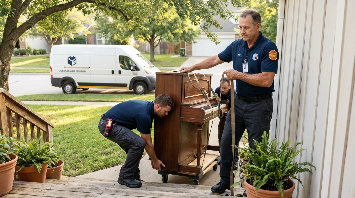 Licensed piano movers securing grand piano in Moravia, NY