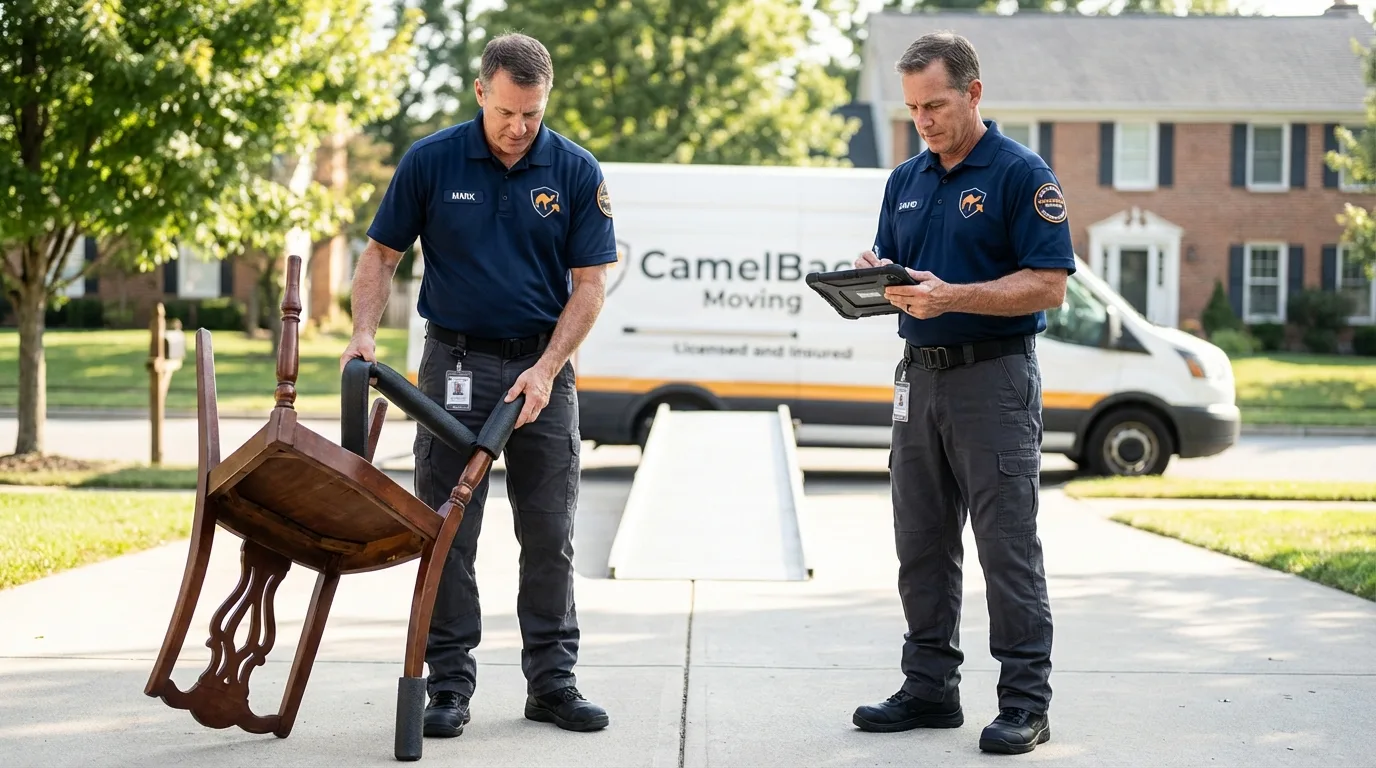 Movers inspecting furniture for damage prevention before loading in Moravia, NY