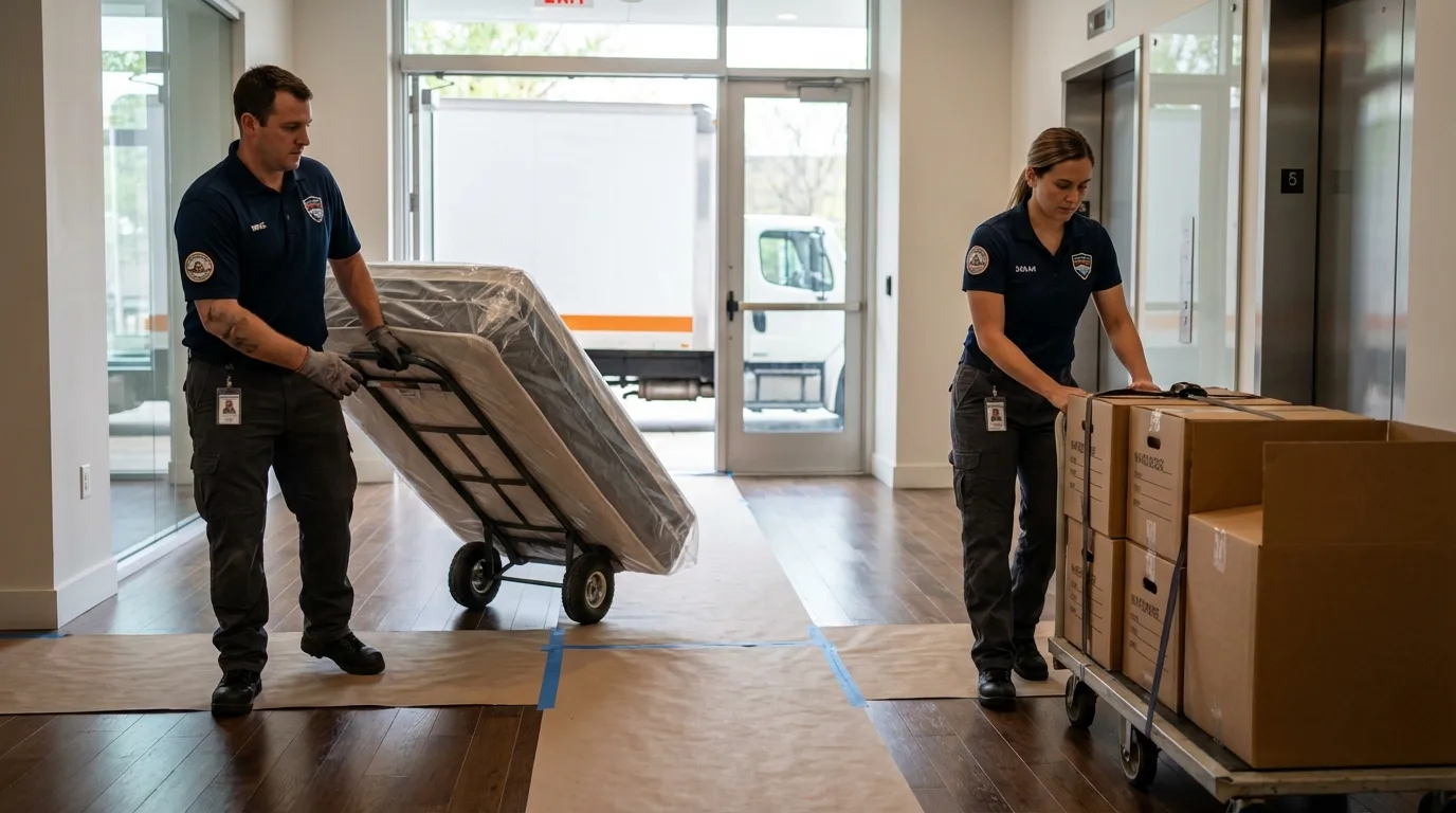 Professional apartment movers loading elevator in Moravia, NY